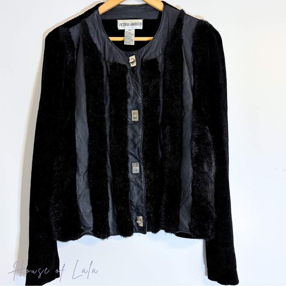 90s Vintage Faux Fur & Leather Panel Jacket – Black Evening Statement Piece
